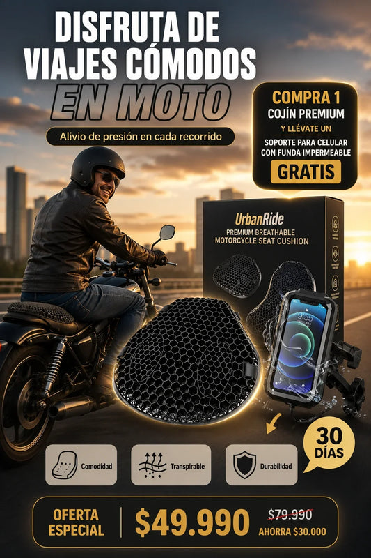 UrbanRide | Reduce la presión y el cansancio al manejar tu Moto | Cojín Premium Transpirable